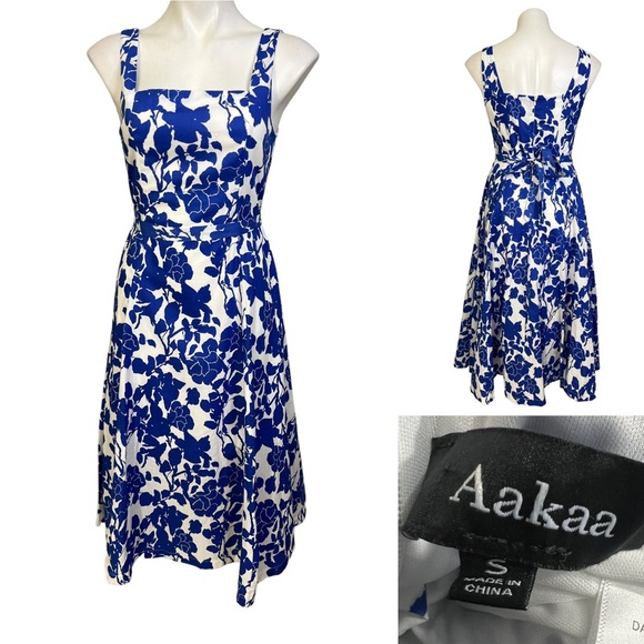 Aakaa Dresses & Skirts - Aakaa Anthropologie dress S blue white floral 100% cotton sleeveless A-line midi